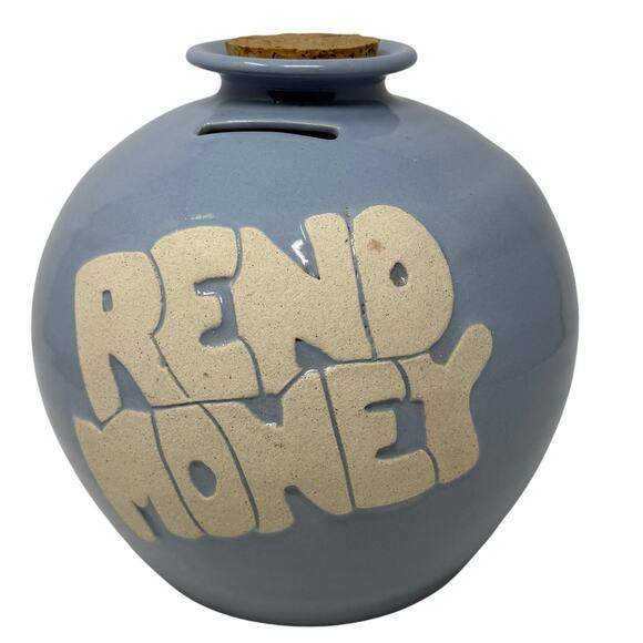 Art Pottery “Reno Money” Blue Savings Jar w/ Cork Stopper 8” Vintage Style - Picture 2 of 5